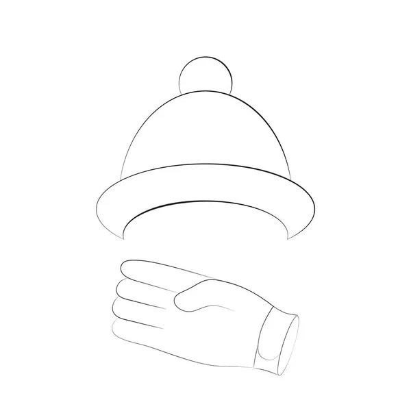Зимняя шляпа и перчатки с черными контурами различной толщины. Векторное изображение. Тонкие линии стиля — стоковый вектор