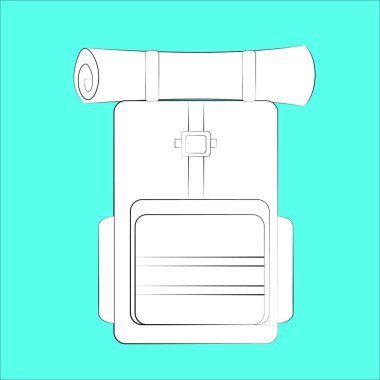 Beyaz turist sırt çantası ile farklı kalınlıkta siyah kontür ile karemat. Bir sırt çantası sabit turist halı. Vektör görüntü. Stil ince çizgiler