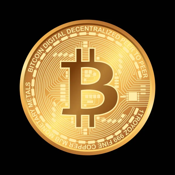 Bitcoin. Dijital para. Cryptocurrency. Siyah arka plan üzerine izole bitcoin simgesi olan altın sikke.
