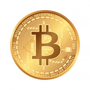 Bitcoin. Dijital para. Cryptocurrency. Beyaz arka plan üzerinde izole bitcoin simgesi olan altın sikke.