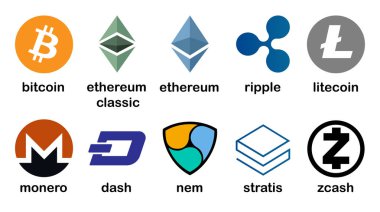 Cryptocurrency logo koymak - bitcoin, litecoin, ethereum, ethereum klasik, monero, dalgalanma, zcash, çizgi, stratis, nem