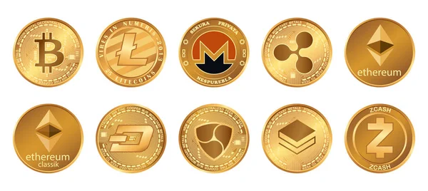 Cryptocurrency logo ayarlamak - bitcoin, litecoin, ethereum, ethereum klasik, monero, dalgalanma, zcash dash stratis nem. Cryptocurrency simgesi olan altın sikke