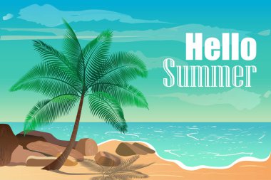 Vektör çizim tropikal plaj ile. Merhaba yaz.