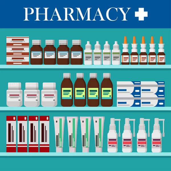 Modern iç eczane. Tıp hap, kapsül, şişe, merhem, vitaminler ve eczane Tablet.