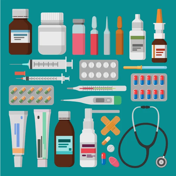 Medicina, farmacia, hospital conjunto de medicamentos con etiquetas. Pastillas medicinales, cápsulas, botellas, ungüentos y tabletas . — Vector de stock