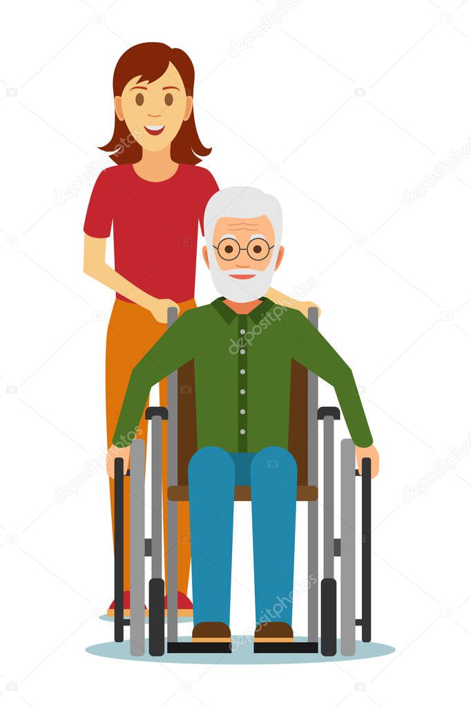 Old disabled people in wheelchairs with granddaughter