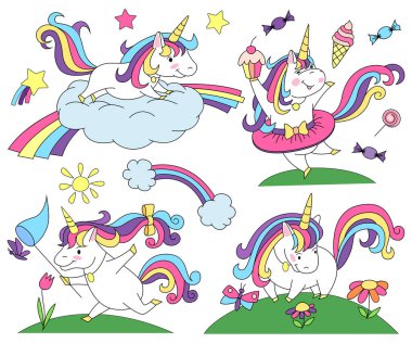 Tek boynuzlu at sihirli tasarım öğesi kümesi.