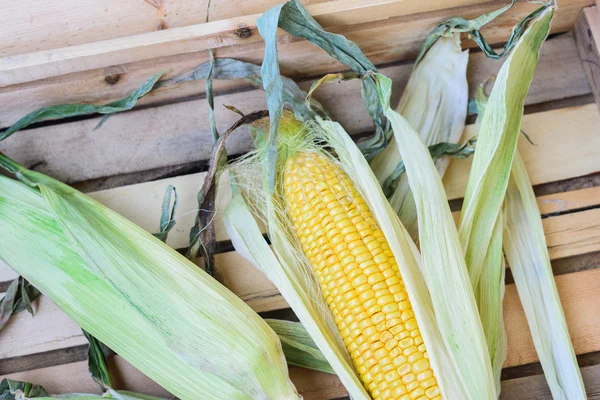 Вид кукурузы сверху на деревянном фоне — стоковое фото