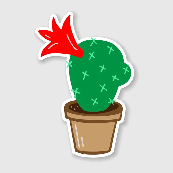 Autocollant vectoriel plat de cactus en pot en plastique marron — Image vectorielle