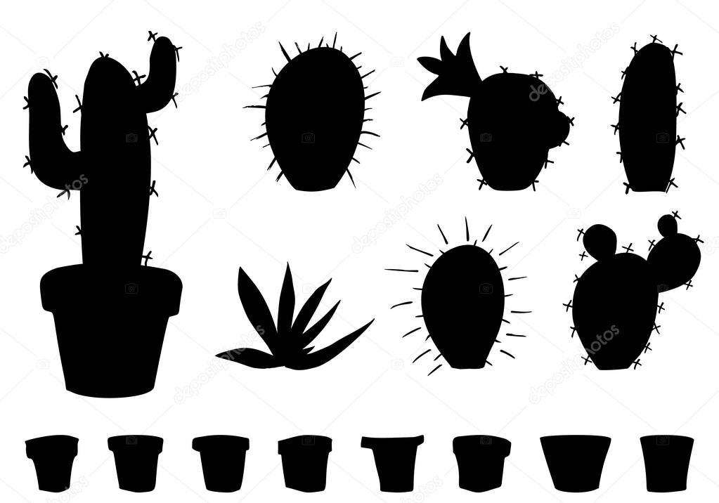 vector of black cactuses and flower pots silhouettes