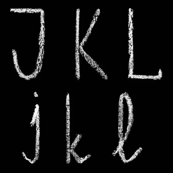 J, k, l handwritten white chalk letters isolated on black background — Stock Photo, Image