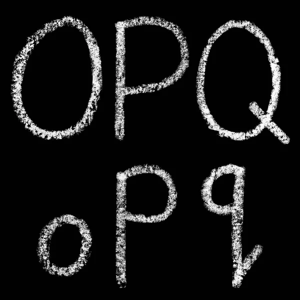 O, p, q handwritten white chalk letters isolated on black background — Stock Photo, Image