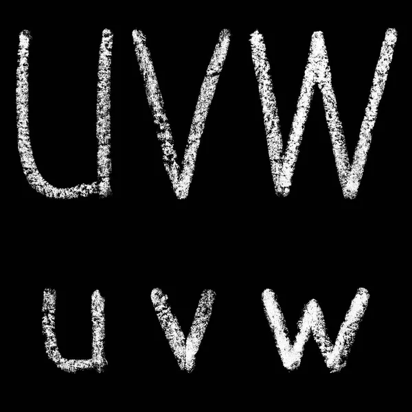 U, v, w handwritten white chalk letters isolated on black background — Stock Photo, Image