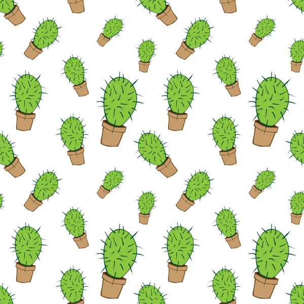Nahtloses Muster des heimischen grünen Kaktus im braunen Topf — Stockvektor
