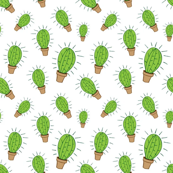 Nahtloses Muster des heimischen grünen Kaktus im braunen Topf — Stockvektor