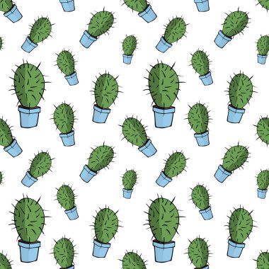 doodle tarzı, düz çizgi film renkleri, Dikişsiz desen beyaz arka plan üzerinde hisse senedi vektör illüstrasyon izole mavi tencerede ev yeşil kaktüs