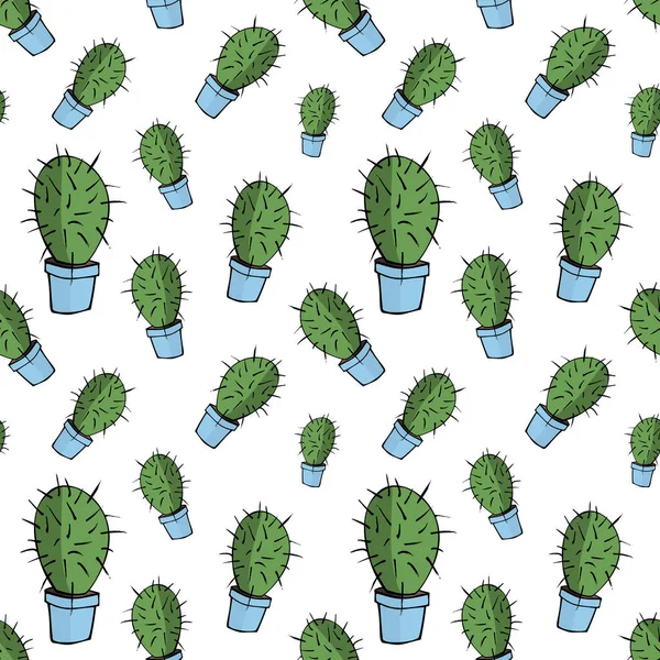 Casa Cactus Verde Maceta Azul Estilo Doodle Colores Planos Dibujos — Vector de stock