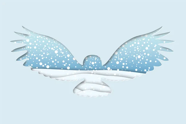 Snöig uggla i papercut stil med vinterdag landskap — Stock vektor