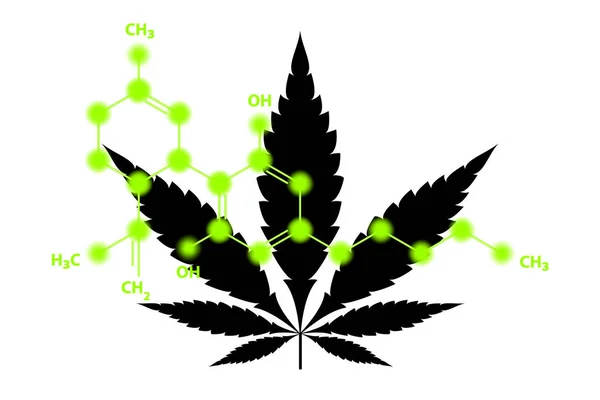 Stock vector cannabidiol CBD molecule on black hemp leaves