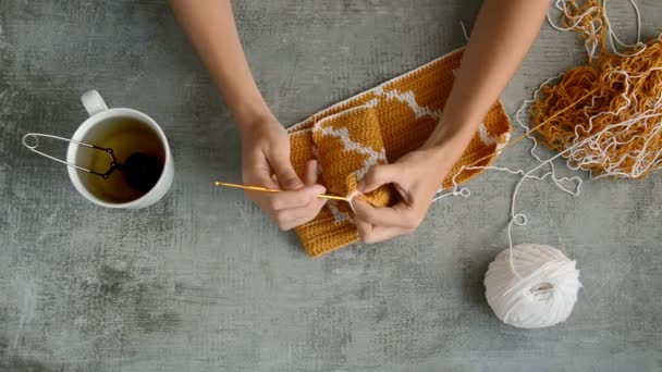 Tangan gadis dewasa crocheting — Stok Video