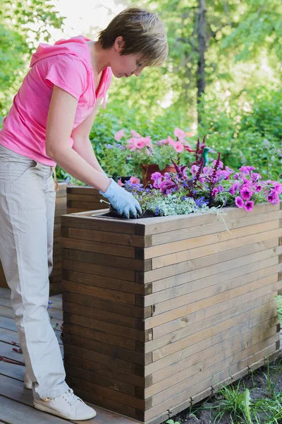 Joven Mujer Caucásica Jardinero Plantación Flores Maceta Contenedor Madera Exterior — Foto de Stock