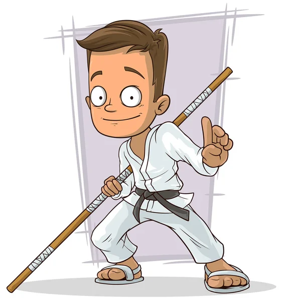 Caricatura joven karate chico en blanco kimono — Vector de stock