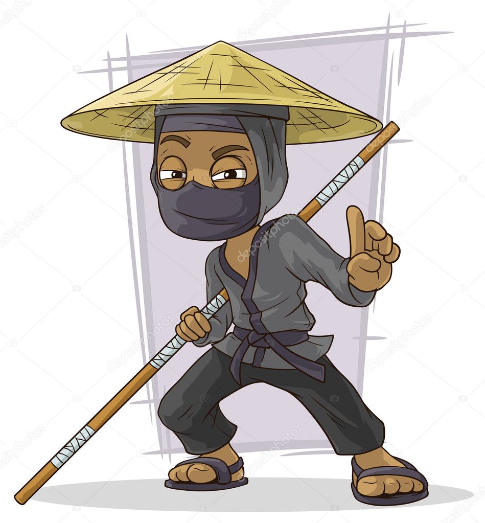 Cartoon black Asian ninja in mask
