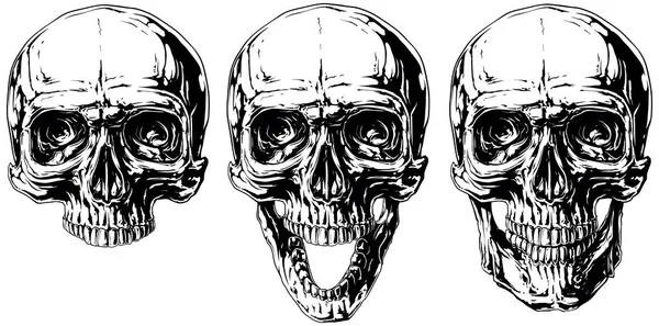 Set of graphic black and white human skull tattoo — Stock Vector