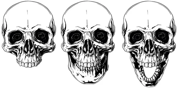 Calavera humana gráfica blanca con ojos negros fijados — Vector de stock