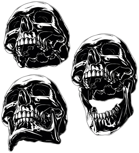 Alto dettagliato cranio umano nero freddo set — Vettoriale Stock