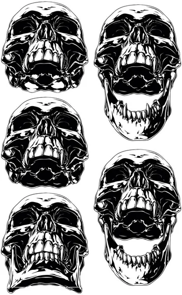 Calavera humana de miedo negro con conjunto de tatuaje canino — Vector de stock