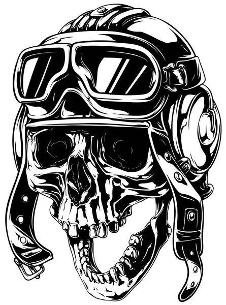 Crazy smiling old human skull in aviator helmet — Stock Vector