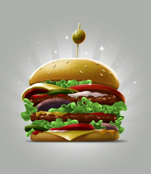 Cartoon double big burger with fresh salad sesame and olive berry — Stock Photo, Image