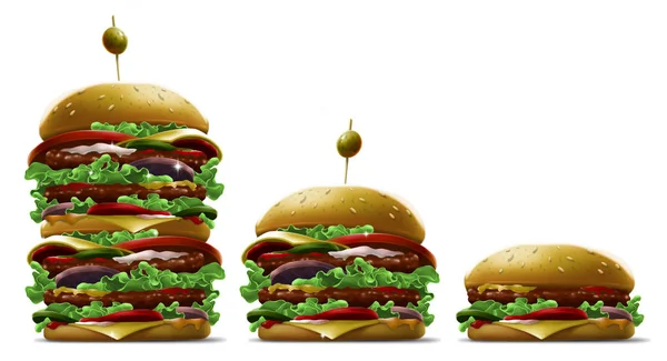 Desenhos animados saborosos hambúrgueres diferentes com conjunto de azeite e gergelim — Fotografia de Stock