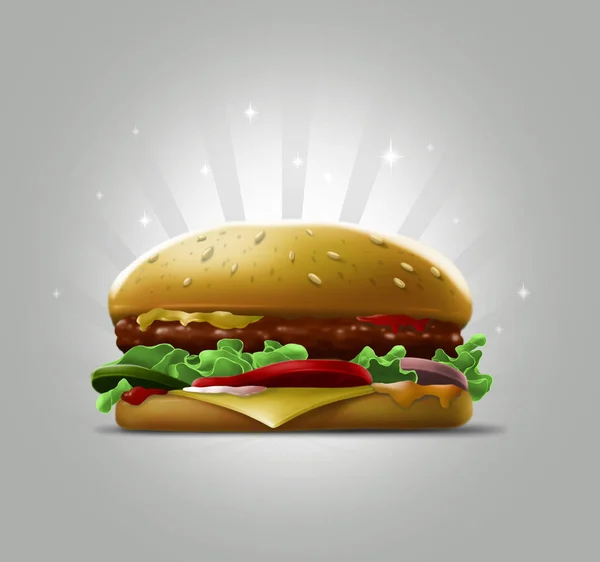 Tasty cartoon burger with sesame seeds and meat — Stock Photo, Image