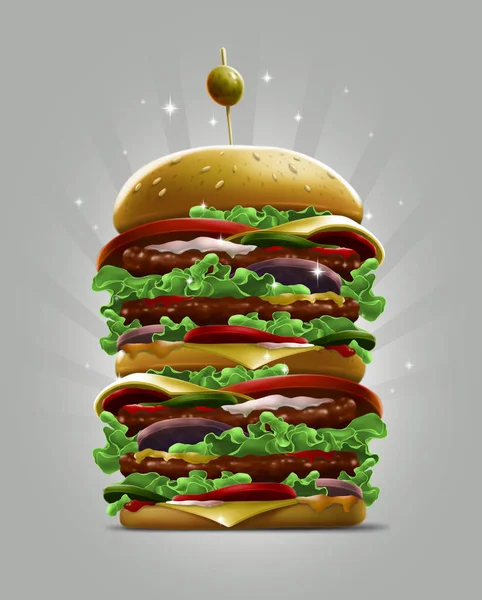 Very big cartoon style burger with olive berry and skewer — Stock Photo, Image