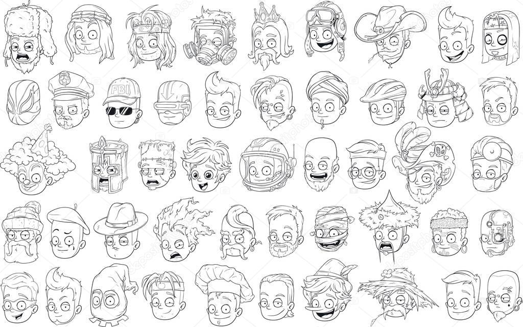 Cartoon black and white characters heads big vector set