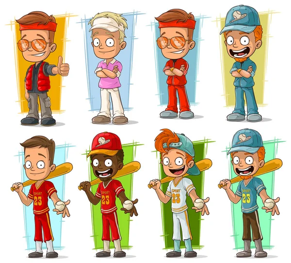 Desenhos animados desportistas e jogadores de beisebol personagens conjunto vetor — Vetor de Stock