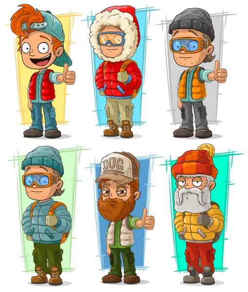 Cartoon tourist traveler with backpack characters vector set — Stock Vector