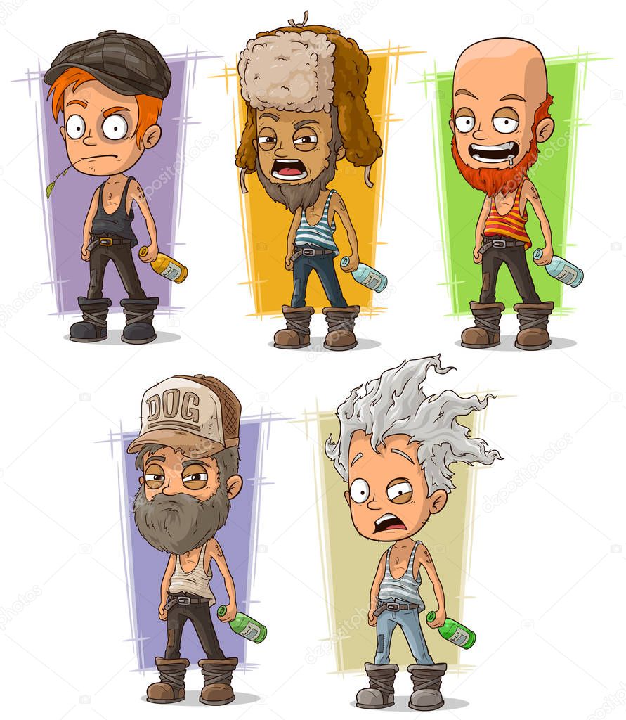 Cartoon hooligans and alcoholic with bottles character vector set