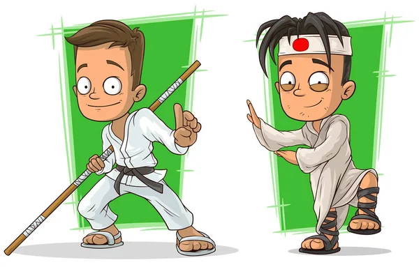 Cartoon kung fu ragazzi in bianco kimono set personaggio vettoriale — Vettoriale Stock