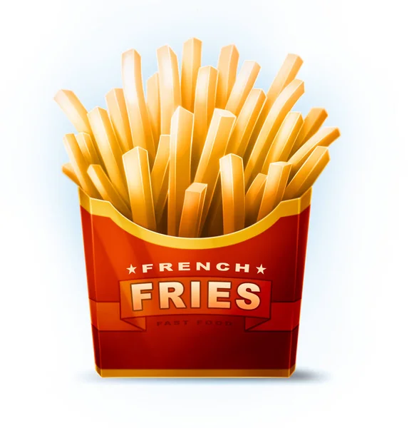 Tasty cartoon french fries in red box with ribbon and text — Stock Photo, Image