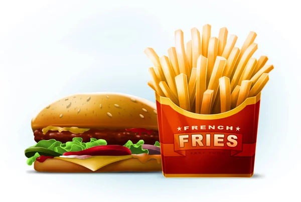 Tasty cartoon burger with sesame seeds with fresh french fries in red ribbon box — Stock Photo, Image