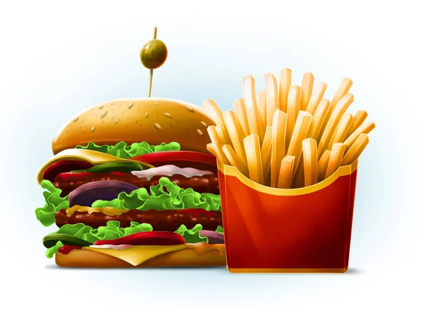 Cartoon double big burger with french fries in red box — Stock Photo, Image