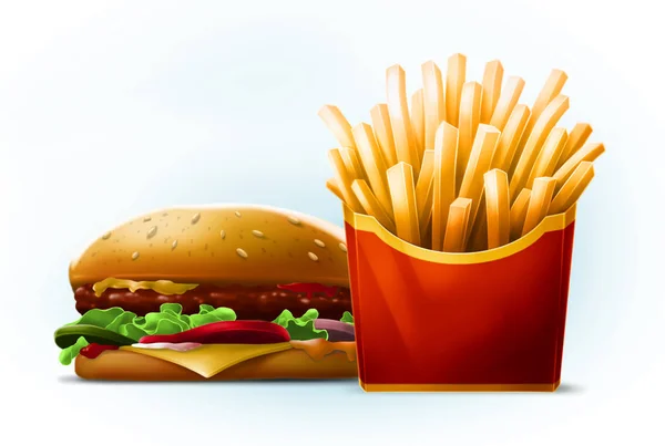 Tasty cartoon burger with sesame seeds with fresh french fries in red box — Stock Photo, Image