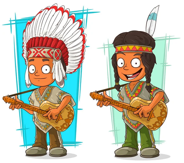 Dibujos animados indio jefe y chico personaje vector conjunto — Vector de stock