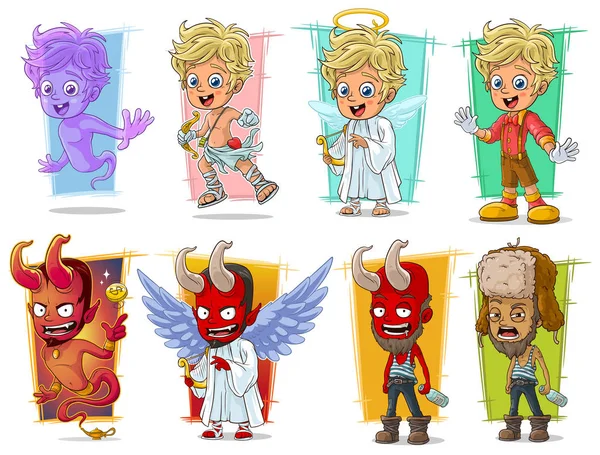 Dibujos animados pequeños ángeles Cupido y demonio rojo malvado carácter vector conjunto — Archivo Imágenes Vectoriales
