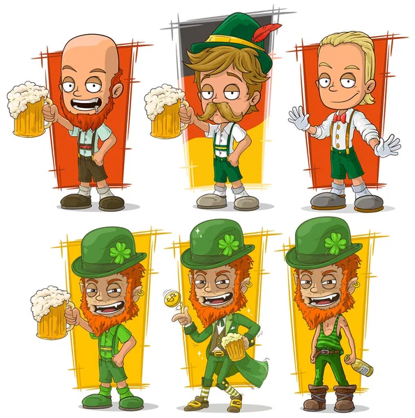 Dessin animé bavarois et leprechaun avec jeu de vecteur de caractère de bière — Image vectorielle