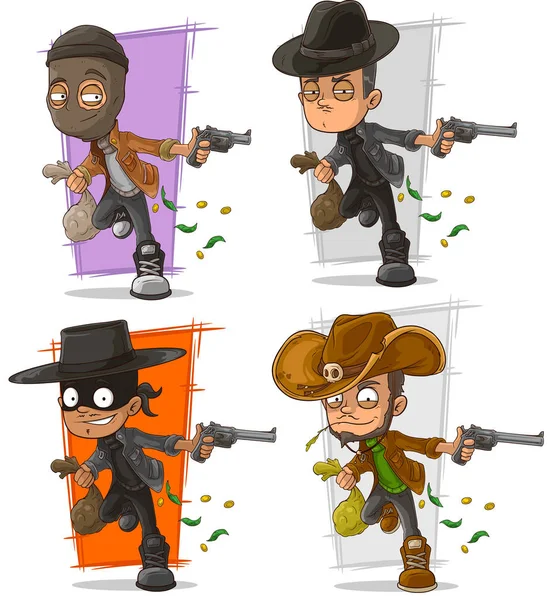 Cartoon bank robber with money and pistol character vector set — Stock Vector