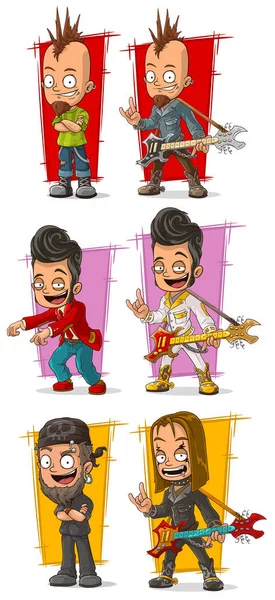 Cartoon crazy punk rock musicians with guitar character vector set — Stock Vector